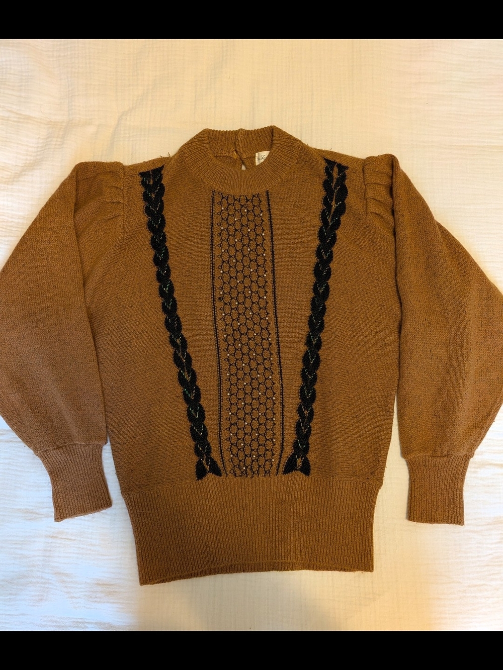 Vintage-inspired Brown Knit Sweater with Black Details